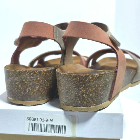 Bio-Gold Suede Leather Sandals Cork Wedge Ankle Strap Womens Size 9 Taupe Peach - Picture 14 of 14